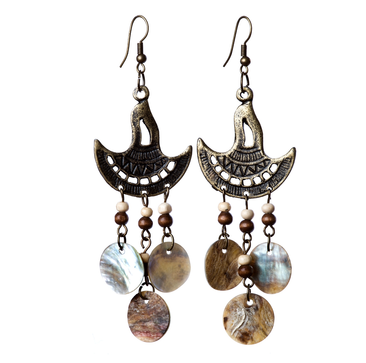 A pair of bronze-toned dangle earrings with beads and shell-like disc charms, shown on a white background