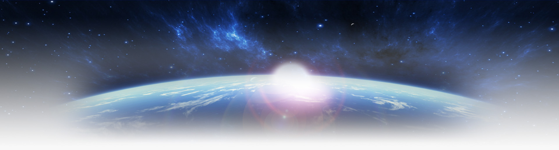 Wide digital illustration of Earth's curved horizon from space with a bright sunburst and starry blue nebula sky, cool blue tones